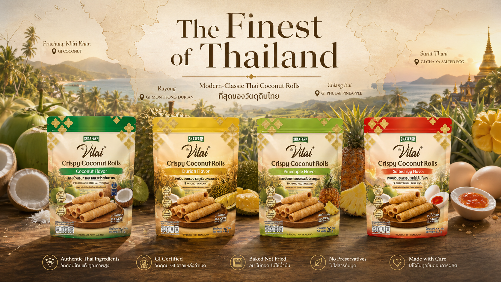 Vilai — The Finest of Thailand. Crispy coconut rolls in coconut, durian, pineapple, and salted egg flavors.
